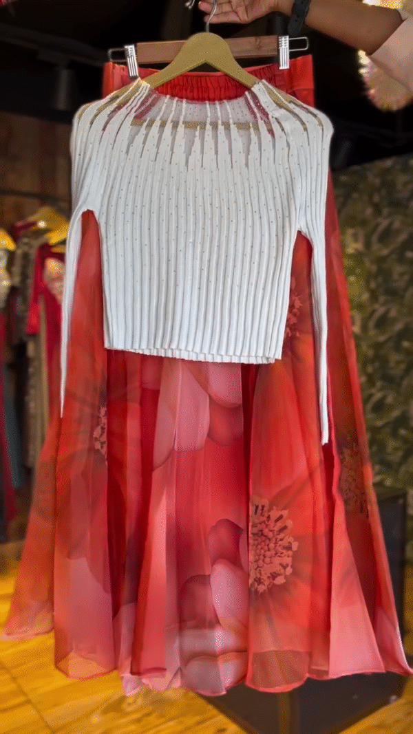 Elegant White Pleated Rhinestone Embellished Knit Crop Top Paired with Flowing Red and Pink Floral Printed Organza Skirt – Stylish Contemporary Fusion Set for Festive or Casual Wear