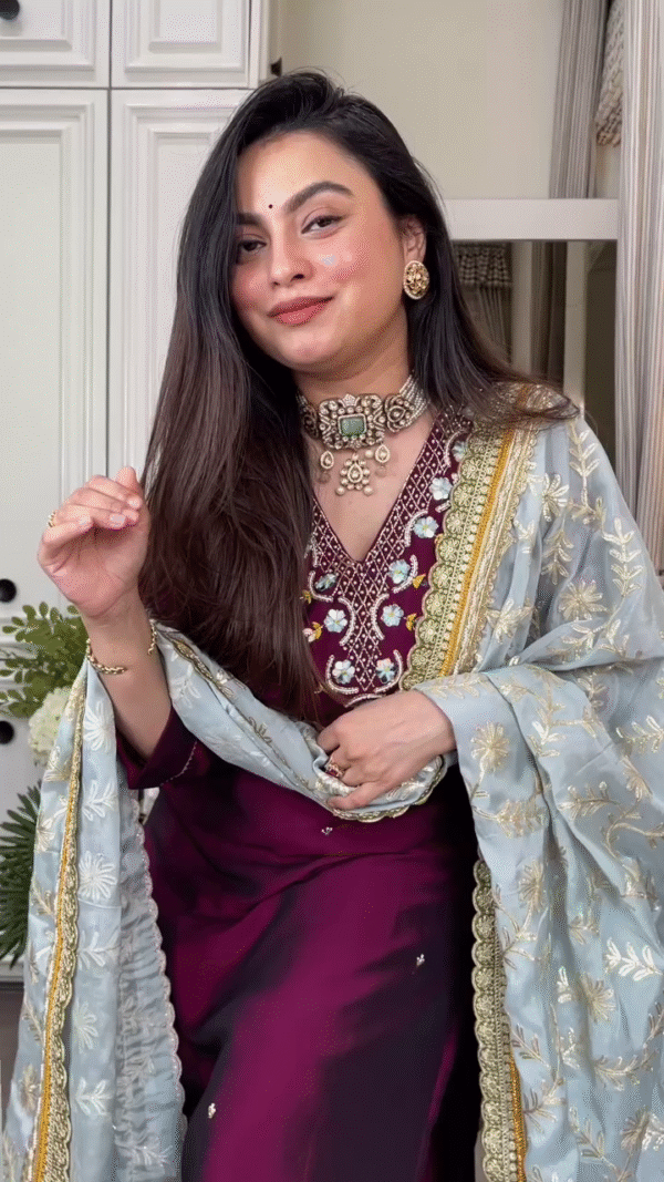 Maroon Embroidered Long Kurta with Heavily Embellished Sky Blue Net Dupatta Featuring Golden Floral Detailing and Traditional Jewelry Accents – Perfect for Festive and Wedding Occasions - Image 2