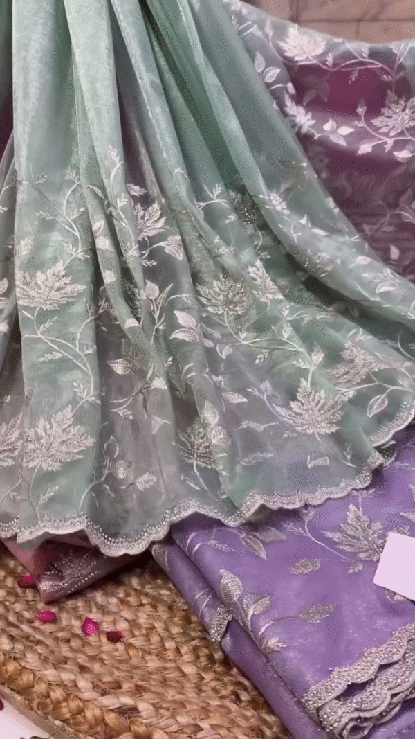 Premium Soft Organza Saree in Elegant Pastel Shades with Delicate Silver Leaf Embroidery and Scalloped Borders – Ideal for Ethnic Wear, Festive Looks, and Elegant Gifting Options - Image 2