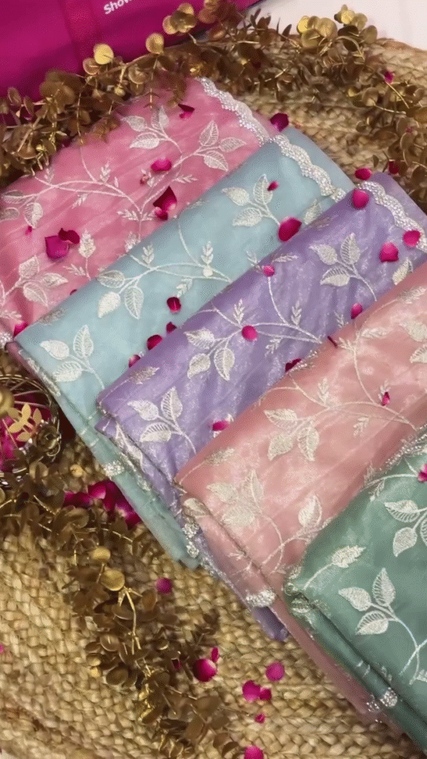 Premium Soft Organza Saree in Elegant Pastel Shades with Delicate Silver Leaf Embroidery and Scalloped Borders – Ideal for Ethnic Wear, Festive Looks, and Elegant Gifting Options - Image 3