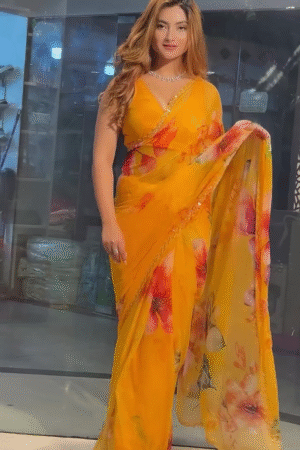 Yellow Floral Printed Georgette Saree with Intricate Lace Border and Matching Blouse Piece – Lightweight Partywear and Festive Indian Ethnic Wear for Women