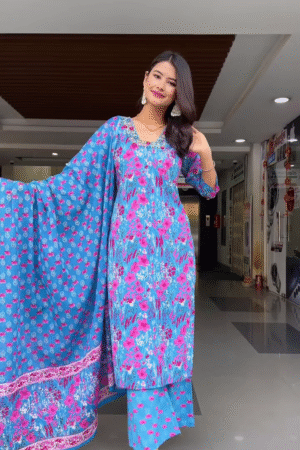 Floral Printed Kurti Set with Matching Dupatta and Palazzos – Available in Vibrant Blue and Yellow Color Options, Perfect for Festive and Casual Wear