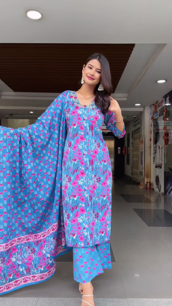 Floral Printed Kurti Set with Matching Dupatta and Palazzos – Available in Vibrant Blue and Yellow Color Options, Perfect for Festive and Casual Wear