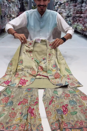 Elegant Floral Embroidered Three-Piece Indo Western Co-ord Set Featuring Designer Blazer, Stylish Crop Top and Flared Pants Perfect for Festive, Wedding and Party Wear