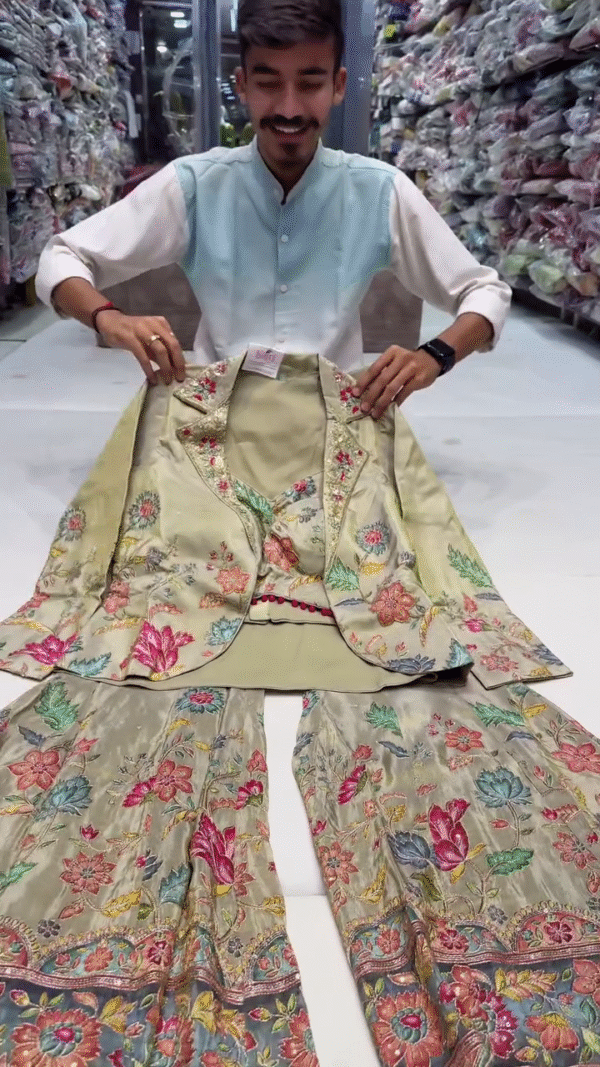 Elegant Floral Embroidered Three-Piece Indo Western Co-ord Set Featuring Designer Blazer, Stylish Crop Top and Flared Pants Perfect for Festive, Wedding and Party Wear