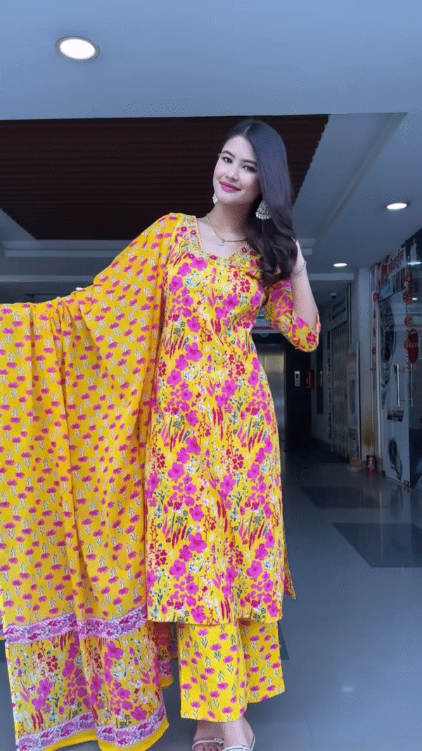 Floral Printed Kurti Set with Matching Dupatta and Palazzos – Available in Vibrant Blue and Yellow Color Options, Perfect for Festive and Casual Wear - Image 2