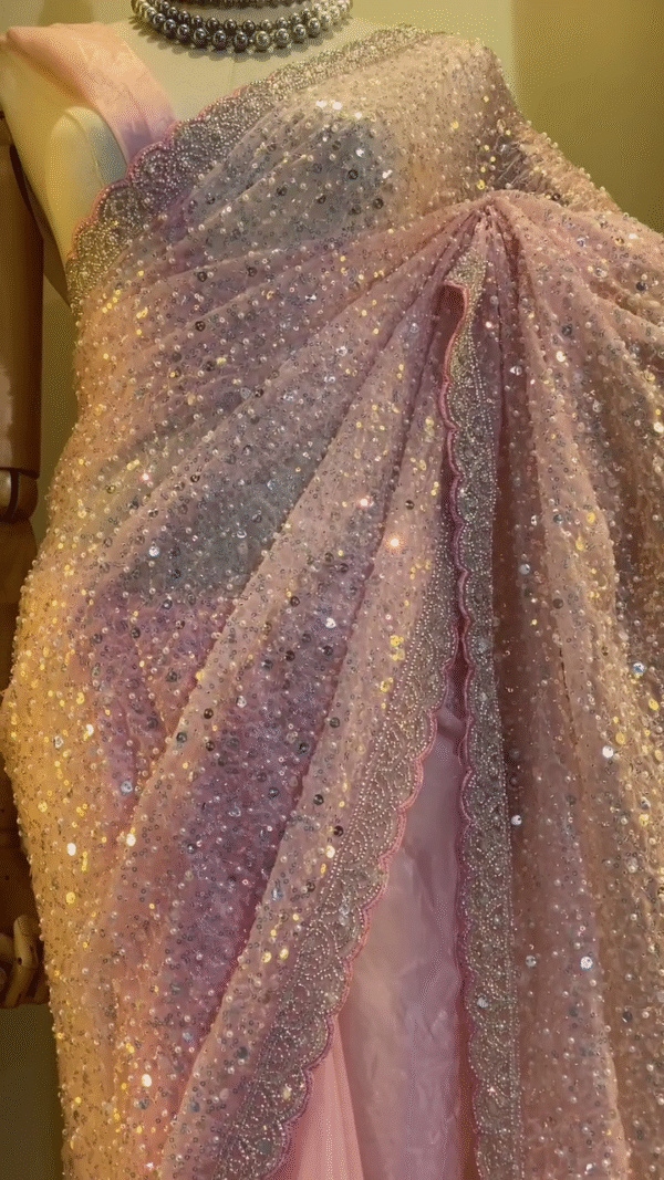 Glamorous Baby Pink Soft Net Saree Featuring All Over Heavy Sequin Embellishments with Delicate Lace Border Detailing, Ideal for Cocktail Parties, Sangeet Functions, and Evening Celebrations - Image 2