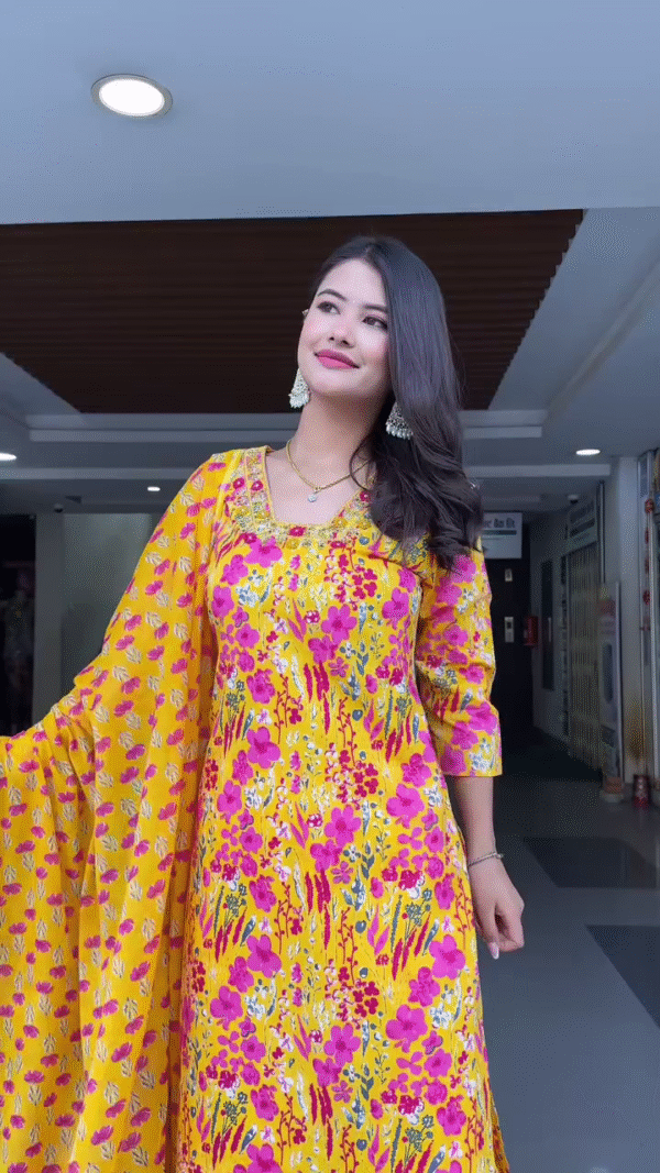 Floral Printed Kurti Set with Matching Dupatta and Palazzos – Available in Vibrant Blue and Yellow Color Options, Perfect for Festive and Casual Wear - Image 3