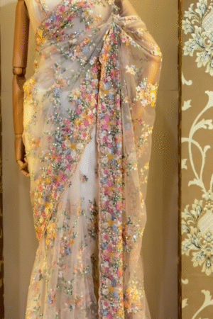 Designer Soft Net Saree with Heavy 3D Floral Embroidery, Sequin and Stone Handwork Detailing, Perfect for Wedding, Party and Reception Wear with Elegant Border Finish