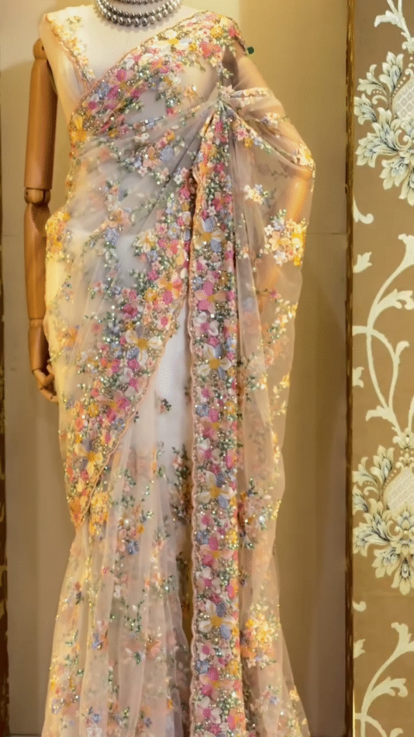 Designer Soft Net Saree with Heavy 3D Floral Embroidery, Sequin and Stone Handwork Detailing, Perfect for Wedding, Party and Reception Wear with Elegant Border Finish