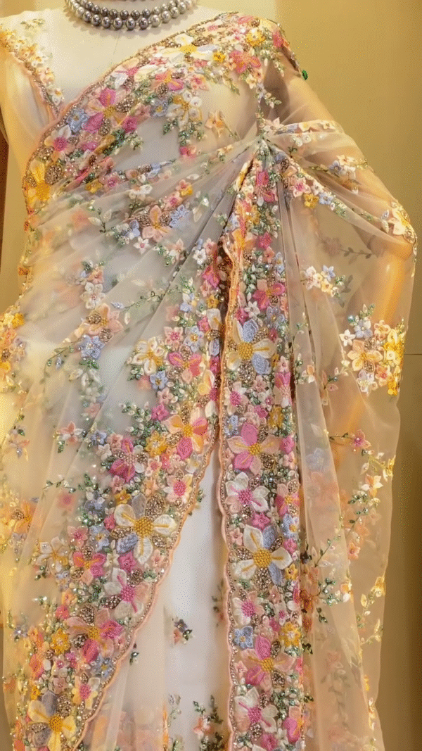 Designer Soft Net Saree with Heavy 3D Floral Embroidery, Sequin and Stone Handwork Detailing, Perfect for Wedding, Party and Reception Wear with Elegant Border Finish - Image 3