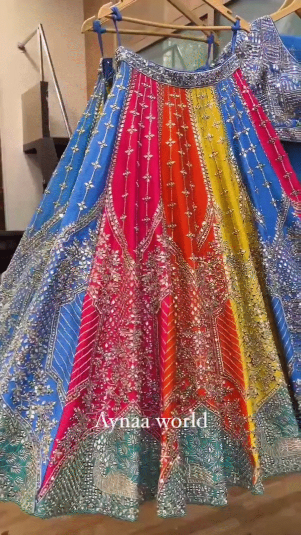 Multicolor Mirror and Zari Work Lehenga with Heavy Embroidered Blue Blouse – Traditional Bridal and Festive Wear