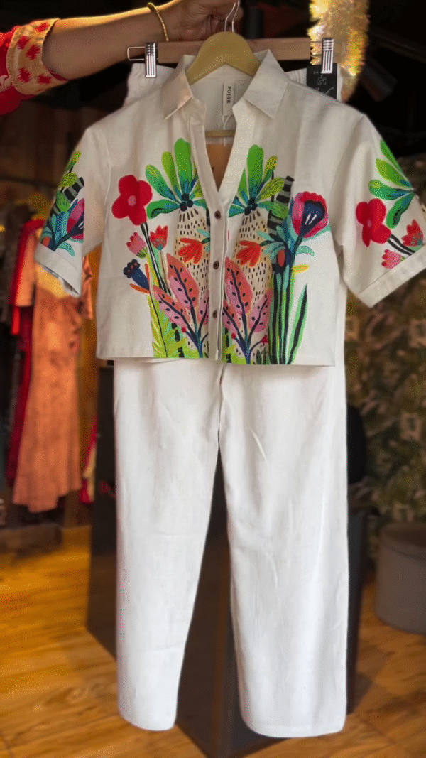 White Cotton Co-Ord Set with Vibrant Floral Shirt and Relaxed Fit Drawstring Pants – Summer Casual Wear for Women - Image 3