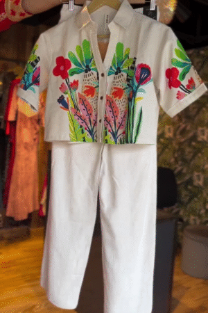 White Cotton Co-Ord Set with Vibrant Floral Shirt and Relaxed Fit Drawstring Pants – Summer Casual Wear for Women