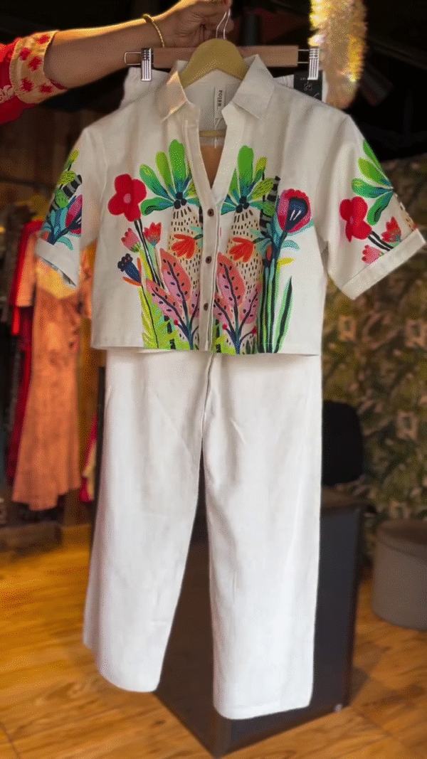 White Cotton Co-Ord Set with Vibrant Floral Shirt and Relaxed Fit Drawstring Pants – Summer Casual Wear for Women