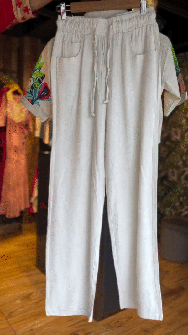 White Cotton Co-Ord Set with Vibrant Floral Shirt and Relaxed Fit Drawstring Pants – Summer Casual Wear for Women - Image 2