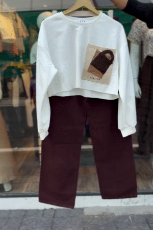 Women's Casual Outfit Set – High-Waisted Straight-Leg Maroon Corduroy Pants Paired with Oversized White Graphic Sweat T-shirt Comfortable & Stylish Fall/Summer Wear