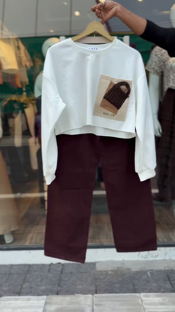 Women's Casual Outfit Set – High-Waisted Straight-Leg Maroon Corduroy Pants Paired with Oversized White Graphic Sweat T-shirt Comfortable & Stylish Fall/Summer Wear