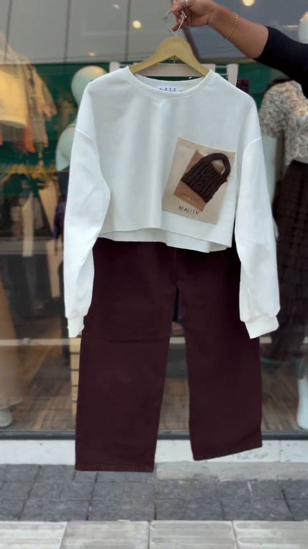 Women's Casual Outfit Set – High-Waisted Straight-Leg Maroon Corduroy Pants Paired with Oversized White Graphic Sweat T-shirt Comfortable & Stylish Fall/Summer Wear - Image 3