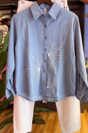 Summer Special Soft White High-Waisted Straight Fit Pants Paired with Sky Blue Button-Down Long Sleeve Shirt Featuring Delicate White Floral Embroidery – Classy & Comfortable Casual or Office Wear
