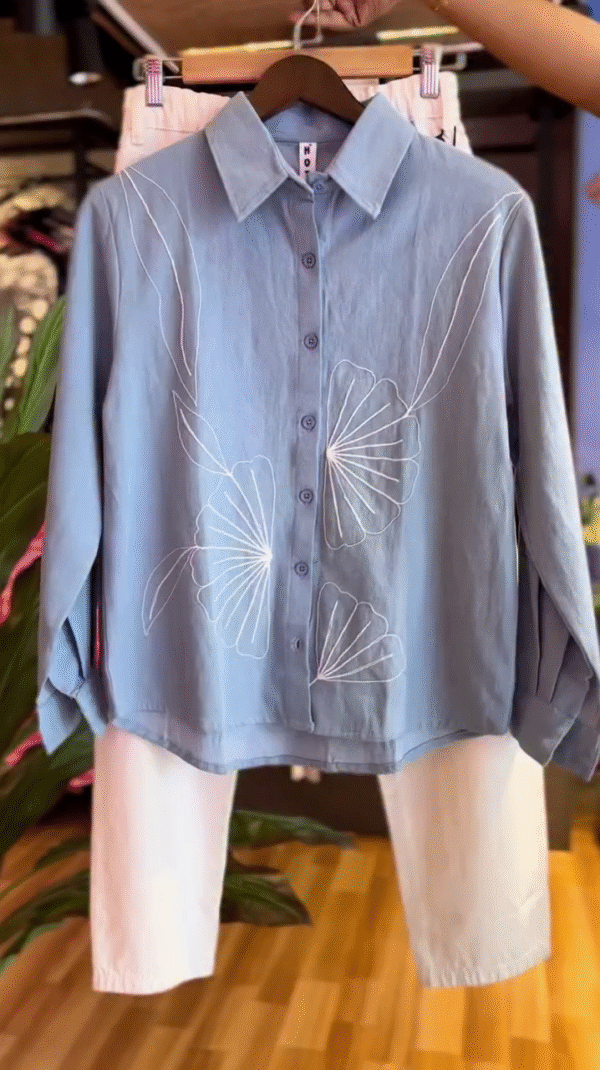 Summer Special Soft White High-Waisted Straight Fit Pants Paired with Sky Blue Button-Down Long Sleeve Shirt Featuring Delicate White Floral Embroidery – Classy & Comfortable Casual or Office Wear