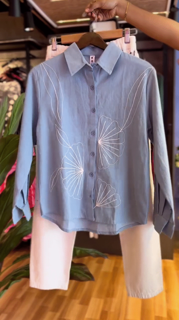 Summer Special Soft White High-Waisted Straight Fit Pants Paired with Sky Blue Button-Down Long Sleeve Shirt Featuring Delicate White Floral Embroidery – Classy & Comfortable Casual or Office Wear - Image 3