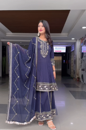 Navy Blue Embroidered Straight-Cut Kurta Set with Matching Palazzo Pants and Heavily Embellished Dupatta – Traditional Ethnic Wear Featuring Intricate Golden Thread Work and Border Detailing for Festive and Special Occasions