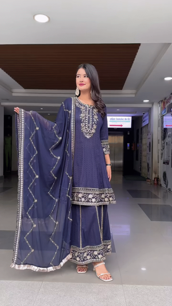 Navy Blue Embroidered Straight-Cut Kurta Set with Matching Palazzo Pants and Heavily Embellished Dupatta – Traditional Ethnic Wear Featuring Intricate Golden Thread Work and Border Detailing for Festive and Special Occasions