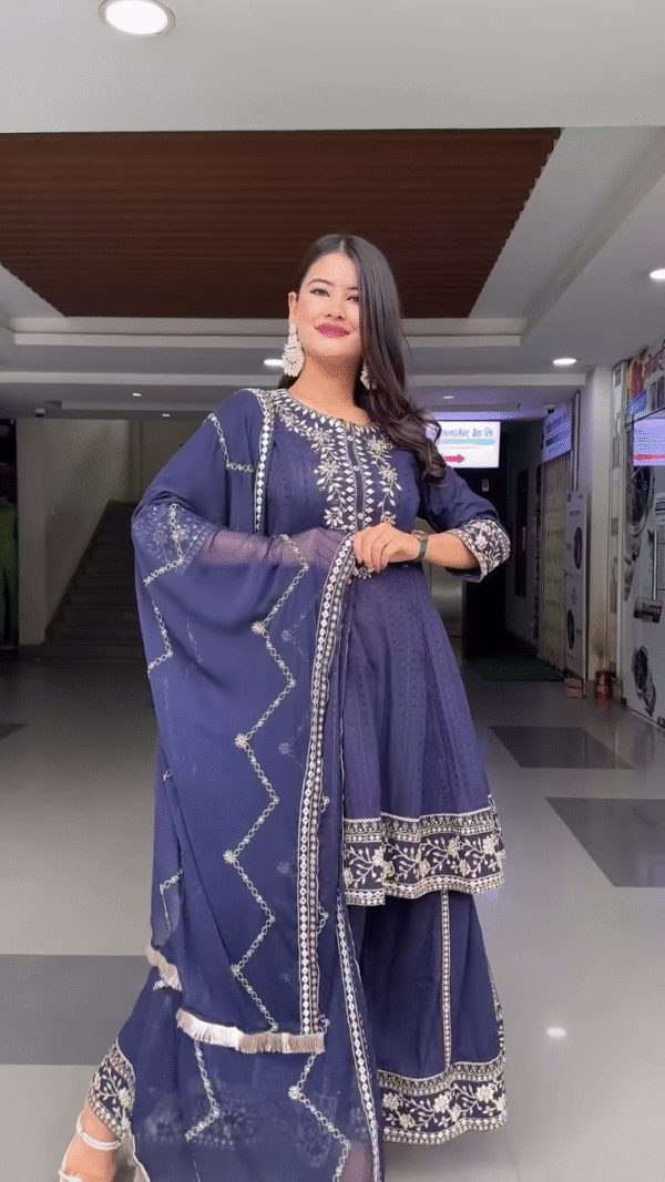 Navy Blue Embroidered Straight-Cut Kurta Set with Matching Palazzo Pants and Heavily Embellished Dupatta – Traditional Ethnic Wear Featuring Intricate Golden Thread Work and Border Detailing for Festive and Special Occasions - Image 2