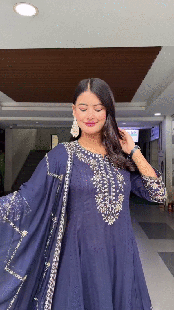 Navy Blue Embroidered Straight-Cut Kurta Set with Matching Palazzo Pants and Heavily Embellished Dupatta – Traditional Ethnic Wear Featuring Intricate Golden Thread Work and Border Detailing for Festive and Special Occasions - Image 3