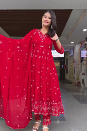 Stunning Red Embroidered Anarkali Suit Set with Intricate Sequin Work, Three-Quarter Sleeves, and Embellished Neckline – Paired with Matching Embroidered Pants and Sheer Dupatta