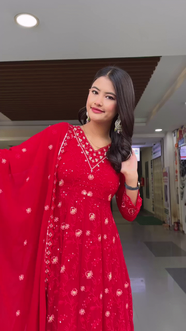 Stunning Red Embroidered Anarkali Suit Set with Intricate Sequin Work, Three-Quarter Sleeves, and Embellished Neckline – Paired with Matching Embroidered Pants and Sheer Dupatta - Image 3