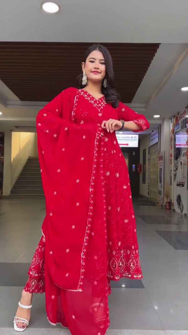 Stunning Red Embroidered Anarkali Suit Set with Intricate Sequin Work, Three-Quarter Sleeves, and Embellished Neckline – Paired with Matching Embroidered Pants and Sheer Dupatta - Image 2