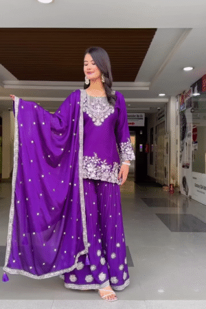 Royal Purple Embroidered Straight-Cut Kurta with White Thread Work, Pleated Sharara Pants, and Sequined Dupatta – Stunning Ethnic Ensemble for Weddings, Festivals, and Celebrations