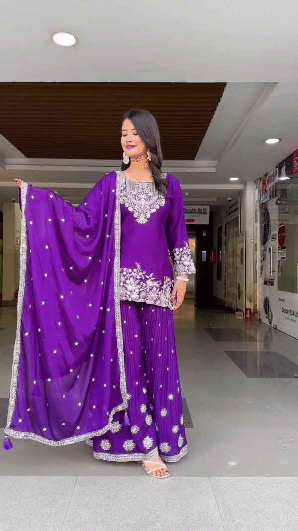 Royal Purple Embroidered Straight-Cut Kurta with White Thread Work, Pleated Sharara Pants, and Sequined Dupatta – Stunning Ethnic Ensemble for Weddings, Festivals, and Celebrations