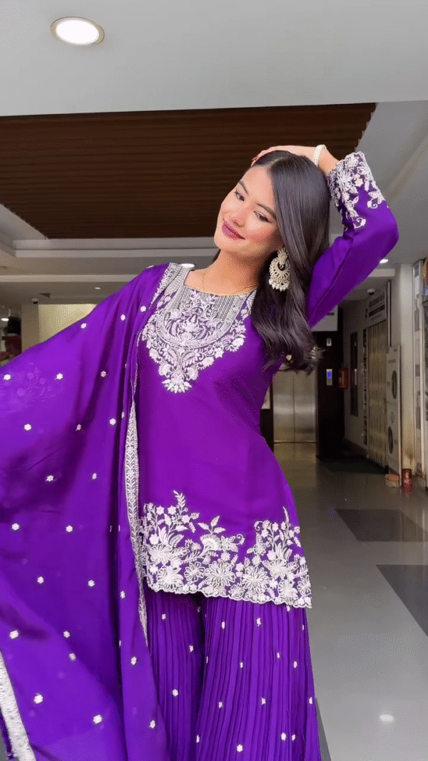 Royal Purple Embroidered Straight-Cut Kurta with White Thread Work, Pleated Sharara Pants, and Sequined Dupatta – Stunning Ethnic Ensemble for Weddings, Festivals, and Celebrations - Image 3