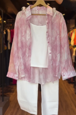 Trendy Casual Co-ord Set with Sheer Pink Tie-Dye Effect Button-Down Shirt, White Inner Tank Top and High-Waisted White Denim Jeans – A Stylish and Comfortable Outfit for Daily Wear or Outings