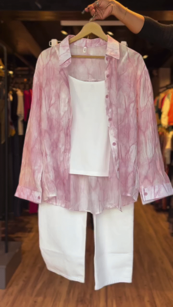 Trendy Casual Co-ord Set with Sheer Pink Tie-Dye Effect Button-Down Shirt, White Inner Tank Top and High-Waisted White Denim Jeans – A Stylish and Comfortable Outfit for Daily Wear or Outings
