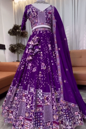 Premium Designer Purple Embroidered Lehenga Choli Set with Heavy Multi-Thread Work, Mirror Detailing, and Matching Dupatta – Ideal for Weddings, Festivals, and Traditional Occasions