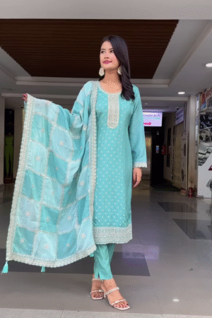 Embroidered Straight Kurta Set with Matching Churidar Pants and Organza Dupatta in Soothing Aqua Blue and Vibrant Pink Color Options – Featuring Delicate Sequin Detailing, Gota Lace Borders, and Traditional Ethnic Charm – Perfect for Festive Occasions, Celebrations, and Special Events