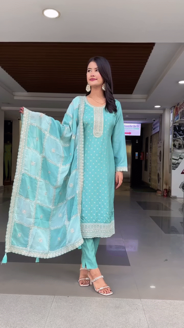 Embroidered Straight Kurta Set with Matching Churidar Pants and Organza Dupatta in Soothing Aqua Blue and Vibrant Pink Color Options – Featuring Delicate Sequin Detailing, Gota Lace Borders, and Traditional Ethnic Charm – Perfect for Festive Occasions, Celebrations, and Special Events