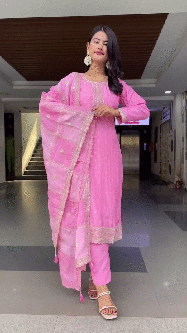 Embroidered Straight Kurta Set with Matching Churidar Pants and Organza Dupatta in Soothing Aqua Blue and Vibrant Pink Color Options – Featuring Delicate Sequin Detailing, Gota Lace Borders, and Traditional Ethnic Charm – Perfect for Festive Occasions, Celebrations, and Special Events - Image 2