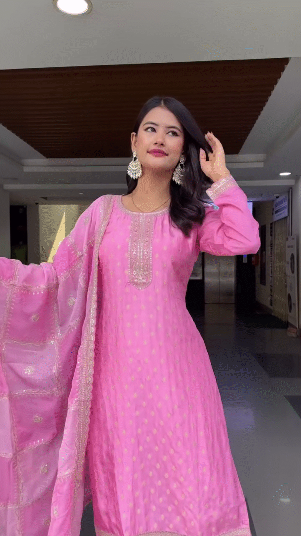 Embroidered Straight Kurta Set with Matching Churidar Pants and Organza Dupatta in Soothing Aqua Blue and Vibrant Pink Color Options – Featuring Delicate Sequin Detailing, Gota Lace Borders, and Traditional Ethnic Charm – Perfect for Festive Occasions, Celebrations, and Special Events - Image 3