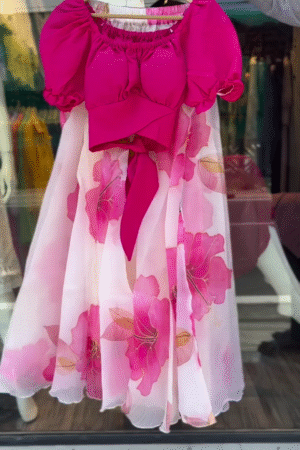 Pink Floral Organza Lehenga Set with Puff Sleeve Magenta Blouse and Statement Bow – Lightweight Festive and Ethnic Wear for Women