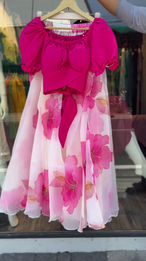 Pink Floral Organza Lehenga Set with Puff Sleeve Magenta Blouse and Statement Bow – Lightweight Festive and Ethnic Wear for Women