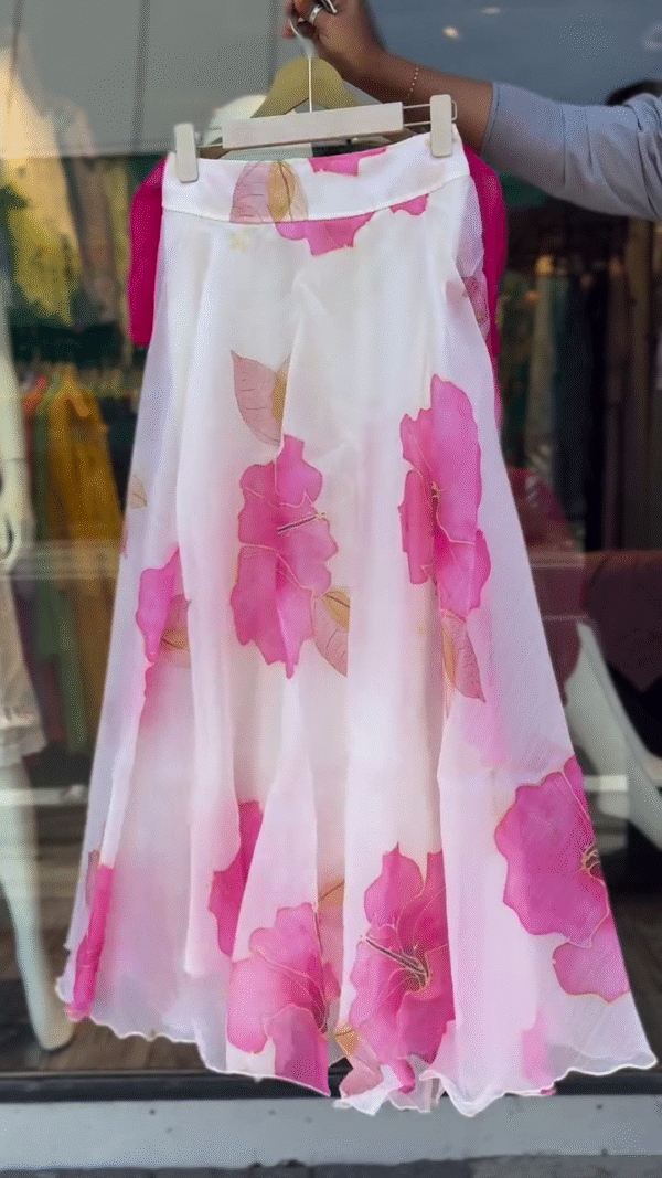 Pink Floral Organza Lehenga Set with Puff Sleeve Magenta Blouse and Statement Bow – Lightweight Festive and Ethnic Wear for Women - Image 2