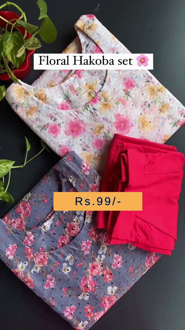 Floral Hakoba Cotton Kurti Set with Embroidered Detailing – Comfortable and Stylish Ethnic Wear for Everyday Elegance