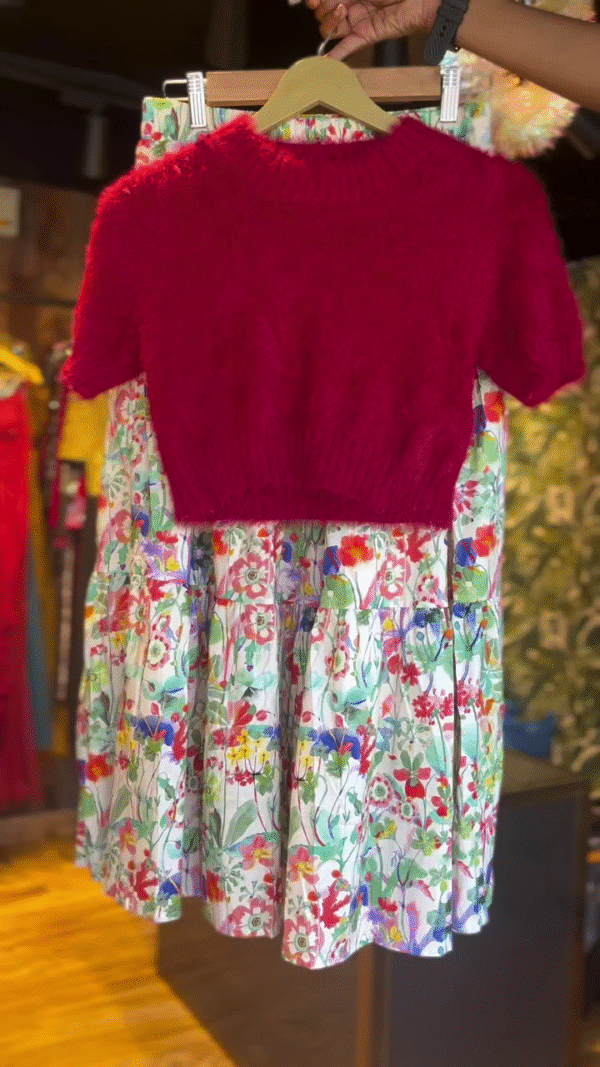 Red Fuzzy Knit Crop Top Paired with a Colorful Tiered Floral Maxi Skirt – Playful and Elegant Coordinated Outfit for Spring and Summer