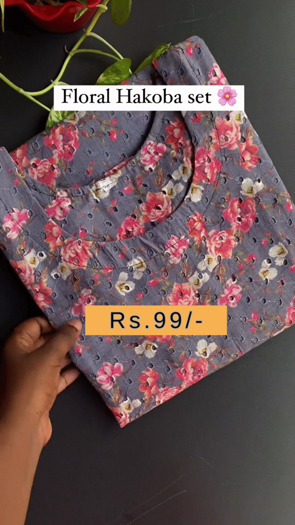 Floral Hakoba Cotton Kurti Set with Embroidered Detailing – Comfortable and Stylish Ethnic Wear for Everyday Elegance - Image 3