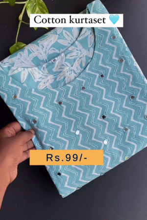 Elegant Sky Blue Printed Cotton Kurta Set with Mirror Work and Floral Zigzag Design – Comfortable and Stylish Ethnic Wear for Women